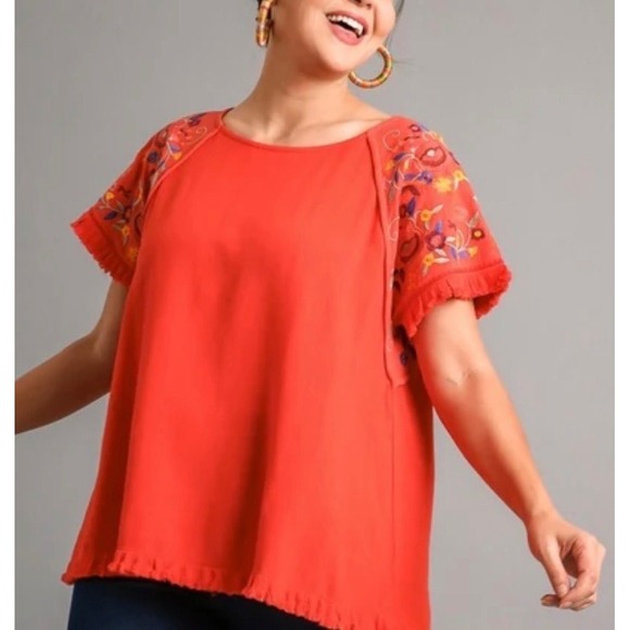 Umgee USA Tops - Umgee Plus Orange Embroidered Sleeve Linen Cotton Blend Fringe Hem Top 2XL